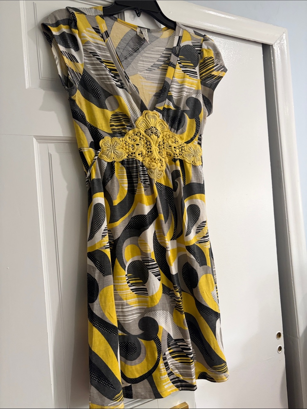 Yellow & Gray Patterned V-Neck Dress with Crochet Waist